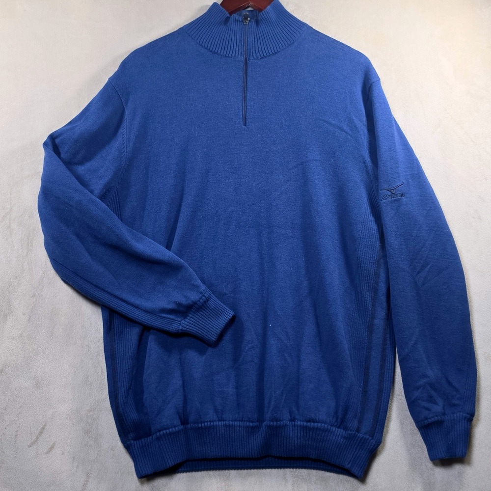Mizuno Mens Quarter Zip Pullover Sweater Blue Knit Mock Neck Embroidered Logo